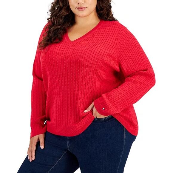Tommy Hilfiger Scarlet Red Cable-Knit V-Neck Ivy Pullover Sweater Plus 1X NWT - Picture 1 of 11